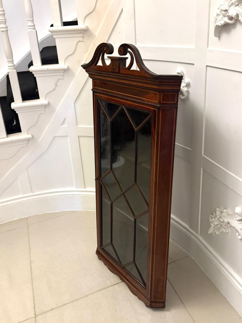 Antique Edwardian Quality Inlaid Mahogany Wall Hanging Corner Display Cabinet